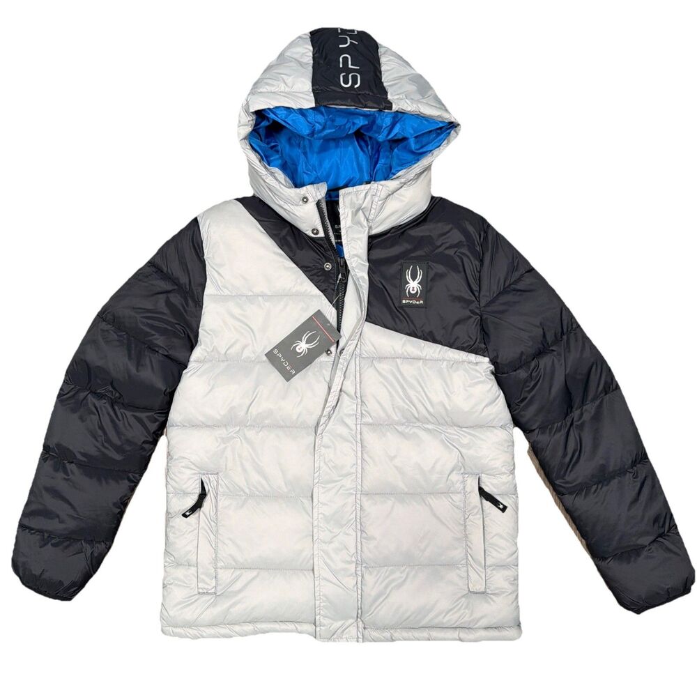 Spyder Boys Hooded Puffer Jacket Silver Circuit Insulated Coat Size L 14/16